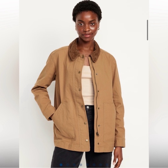 NWOT Old Money Preppy Boho‎ Old Navy Canvas Barn Jacket Tan with Brown Collar M - Picture 3 of 7
